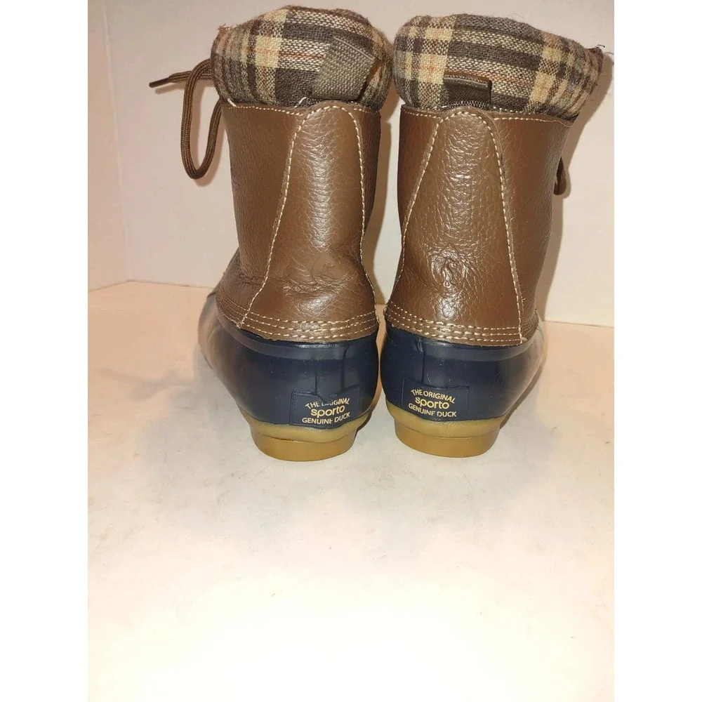 Sporto Womens Duck Boots Brown Leather Plaid Lined Size 6 Navy Lace Steel Shank